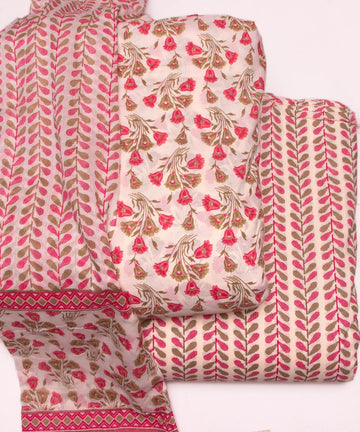 Off White Floral Print Cotton Suit